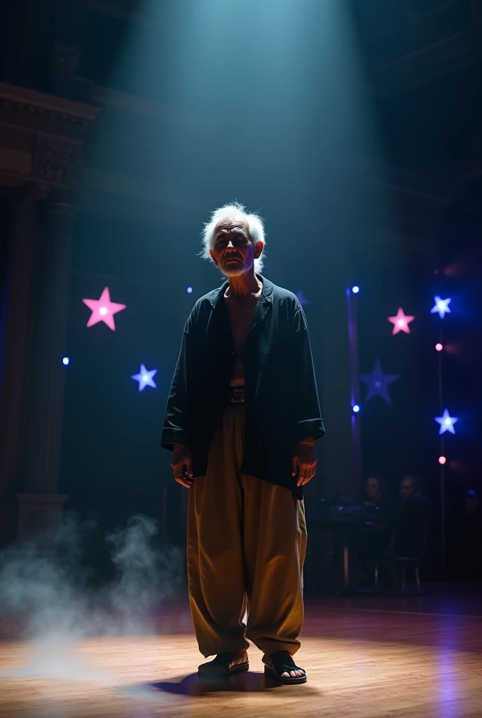 "On a grand stage with a glossy wooden floor that reflects the soft, focused spotlight, an old man stands upright at the center. His appearance is hyperrealistic, with a deeply wrinkled, weathered face, thin white hair, and hollow yet thoughtful eyes. He w...