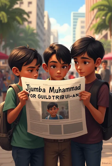 Generate a picture of boys readingva news paper with the headline “ JJUMBA MUHAMMAD FOR GUILD TRIBUNAL”

Please we should be able to see the headline