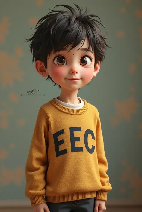 A picture of boy wear sweater written "Eec"