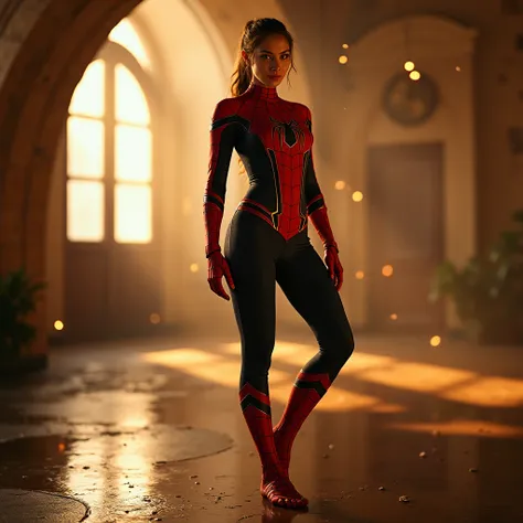 ​masterpiece,  high quality , film still, 1 girl in, spider girl, posing, spiderman uniform,  glad,  soft and warm lighting (sparks: 0,7),barefoot