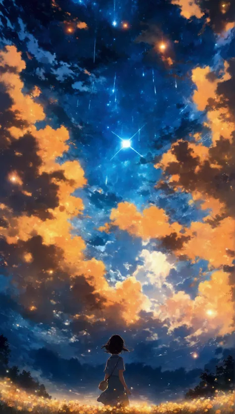 Makoto Shinkai, Expansive landscape photograph , (View from below，Displays the sky above and the clearing below), a girl standing on flower field looking up, (full moon:1.2), ( meteors:0.9), (Starcloud:1.3), Far Mountain, Tree BREAK Production Art, (Warm l...