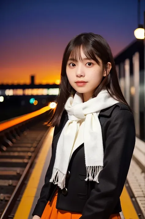 (masterpiece, best quality, perfect anatomy, highres, 8k, realistic, photorealistic, natural skin texture, no makeup:1.2), 1girl, solo, Japanese, age20, very cute, stylish female university student, (large breasts:1.4), winter vibes, (standing on a train p...