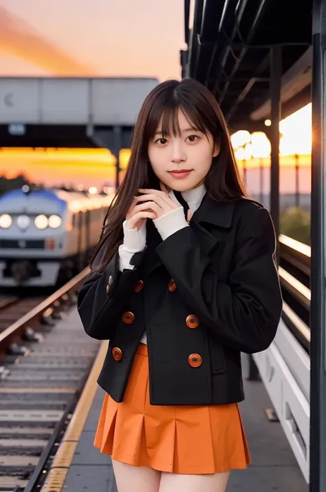 (masterpiece, best quality, perfect anatomy, highres, 8k, realistic, photorealistic, natural skin texture, no makeup:1.2), 1girl, solo, Japanese, age20, very cute, stylish female university student, (large breasts:1.4), winter vibes, (standing on a train p...