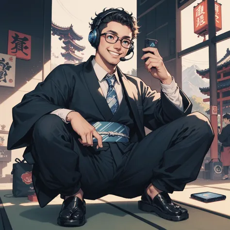 Japanese boy wearing black suit and Japanese girl wearing black Japanese-kimono, one person, black wavy hair, semi-short hair, wearing glasses, Front facing, gaming headset, full body image, icon, smiling