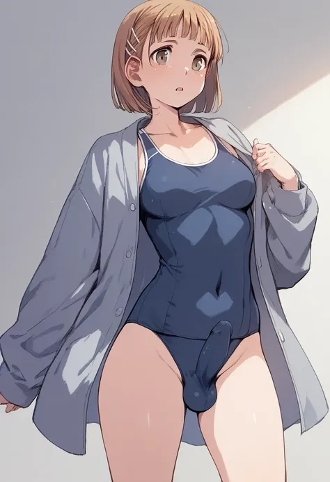 pt, Hermaphrodite , cell shading, anime style, clear outline,furubody, anime painting, Hermaphrodite , Hermaphrodite , flat shading,日本の anime styleのアート, penis bulge ,Fully clothed,JK,High School Girl Sukumizu, school swimsuit,Gal hairstyle,Kenshin Himura