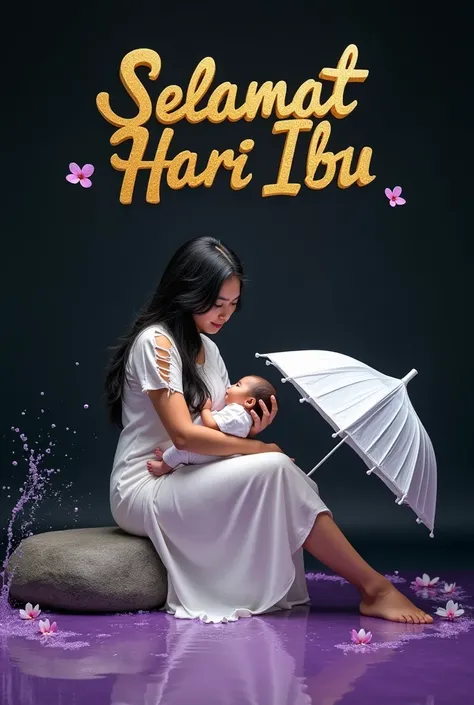 showing full HD high resolution, middle-aged Indonesian woman, long black hair, wearing a torn white dress, breastfeeding her baby, splashes of purple liquid forming small flowers, sitting on a rock, holding a white umbrella, visible bold typography that s...