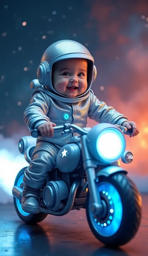 A photorealistic image of a happy baby boy dressed as a tiny astronaut in a sparkling silver space suit with blue accents, riding a futuristic, light-up motorcycle designed like a rocket ship. The bike features glowing star decals and a comet trail effect....