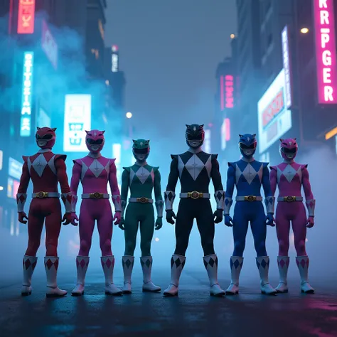  Power Rangers Red , green, black, Pink and Blue ,  watching the city surrounded by smoke,  neon lights blue and magenta , Realistic visual effects, cool and complex ,  looks real and perfect , UHD 64K,