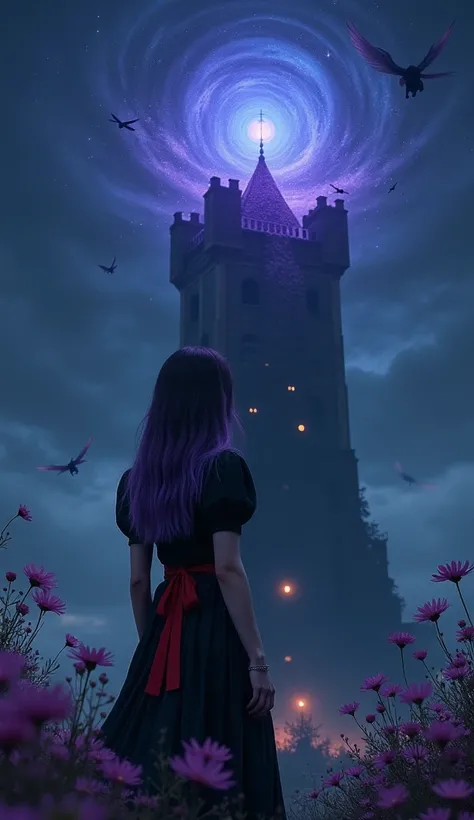 Against the backdrop of a dark tower, a young woman in her twenties is depicted. She wears a black dress decorated with a red ribbon. Her long straight hair features purple highlights. The tower emits a large blue-purple glow, surrounded by mystical creatu...