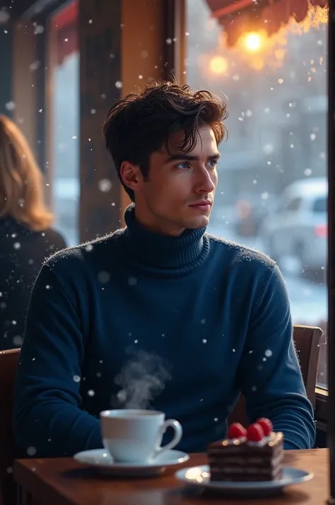  A handsome man sitting in a coffee shop ,  the one wears a blue turtleneck sweater ,  in the window snowflakes fall softly ,  on his table there is a cup of tea and a chocolate and raspberry cake, intense blue eyes, short intense chocolate colored hair , ...