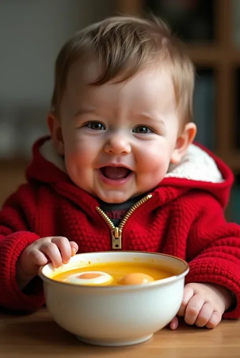 a handsome big fat  toddler ,with a steady cute look, wearing a red  Christmas jacket, sitting down eating a big full basin of egg soup with large eggs, be puts his hand inside the hot soup. His smiling cute. The baby is so fat and large with chubby face a...