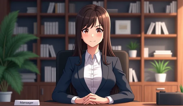  a beautiful female general manager ,  dress politely  , sitting on a chair in the office  ,  anime style 
