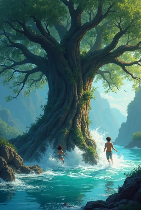 Make a cover page of a short story. A scary humongous tree standing on the crystal clear spring. And there in an adolescent girl and boy who is chased by the big waves of the spring because they disrespect the tree. They are running scared. The tree and sp...