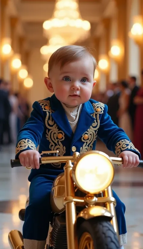 A photorealistic image of a charming baby boy dressed in a royal blue velvet suit with gold embroidery, riding a glittering, silver motorcycle with golden rims. The background features a grand ballroom with sparkling chandeliers hanging from the ceiling, s...