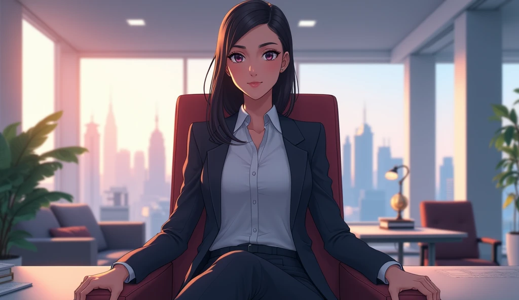  a beautiful female general manager , sitting on a chair in the office  ,  anime style 