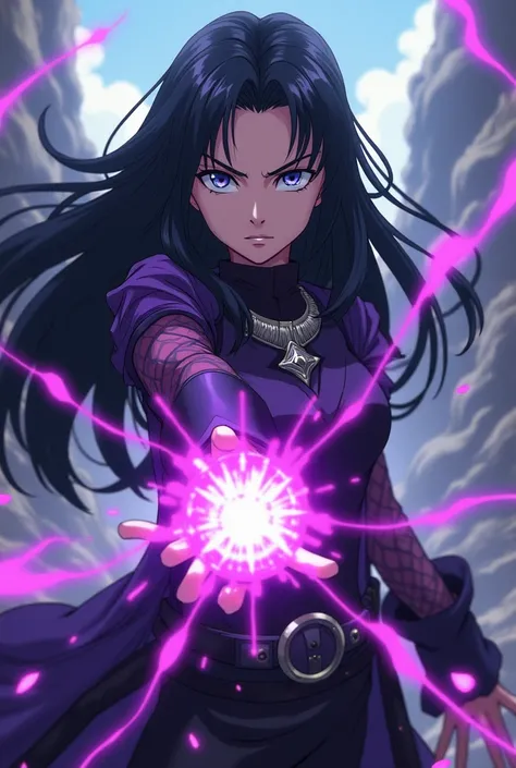  Screenshot exactly like Fairy Tail ,  young girl with long black hair and dark purple,  purple and black battle attire ,  challenging look , fighting using earth magic 