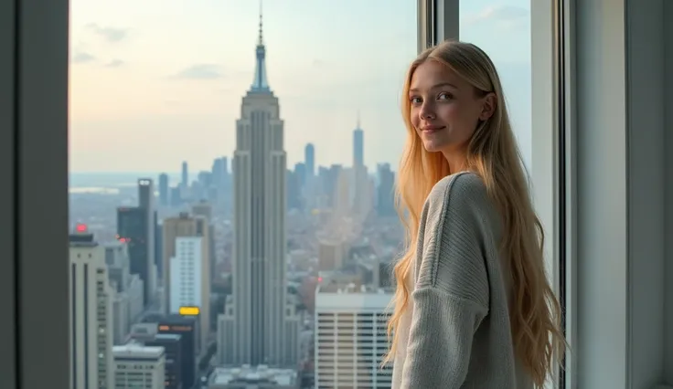  High quality. A real girl with 18 years old with beyond floor length blonde hair and see her "whole" body standing on the right of floor to ceiling window, must see her whole body. The scenario of window shows summer city in modern city. This graph MUST s...