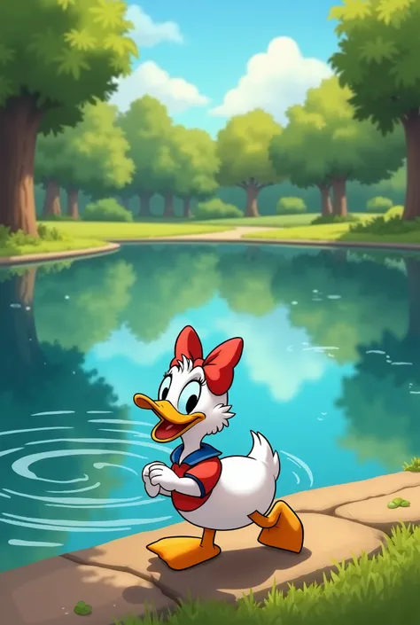 Scene 1: Introduction of Daisy the Duck  
Image Prompt: A vibrant, green park with a serene pond in the center. In the foreground, a cheerful, plump duck named Daisy waddles happily along the shore, her feathers glistening in the sun, with playful ripples ...