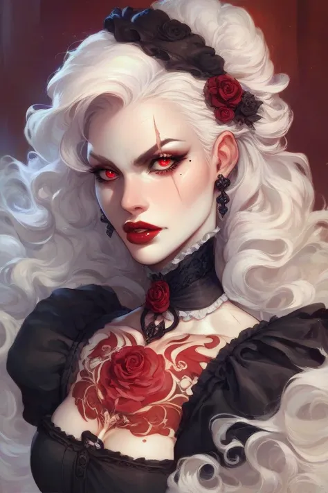 very pale woman. white skin. White hair. red eyes. dark red lips. serious and confident look. victorian gothic style. scar on her eye. beauty mark. tattooes. vampire. sharp features. scars. straight hair.