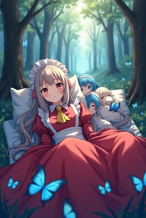 Anime characters lying in bed with red blankets and blue birds,   in the forest with blue butterflies ,  pixib,   conceptual art  , anime girl in a Maid costume, Maid outfit, Maid, Gwaiz, Gwaiz on  pixib artstation, gorgeous Maid, Gwaiz on artstation  pixi...