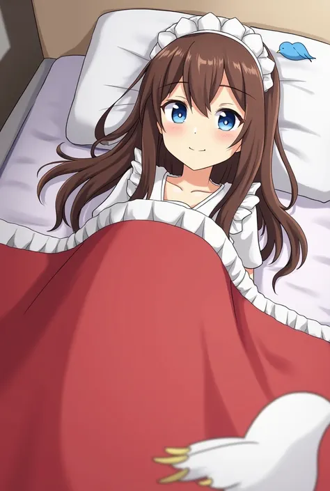 Anime characters lying in bed with red blankets and blue birds, anime girl in a Maid costume, Maid outfit, Maid, Gwaiz, Gwaiz on pixiv artstation, gorgeous Maid, Gwaiz on artstation pixiv, artwork in the style of Gwaiz, Maid dress, anime Maids riding early...