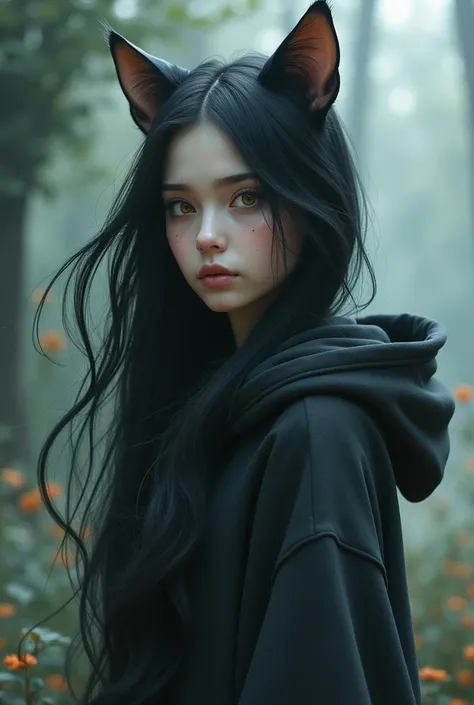 Girl with cat ears, black long hair, ambar eyes, tall, with a hoodie