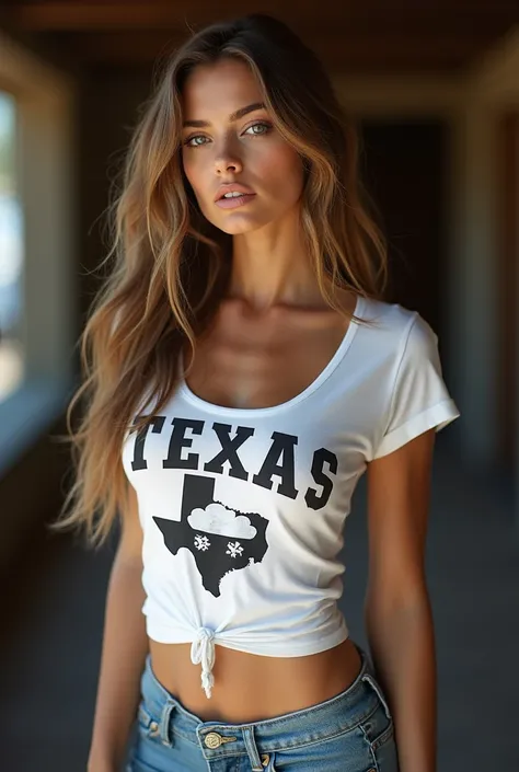 Presley a gorgeous woman with very long wavy waist length ash brown hair with caramel highlights in a white shirt with “TEXAS” printed on and lone star state and jeans posing for a picture, side chest, tight shirt, White top, wearing tight shirt, vestido c...