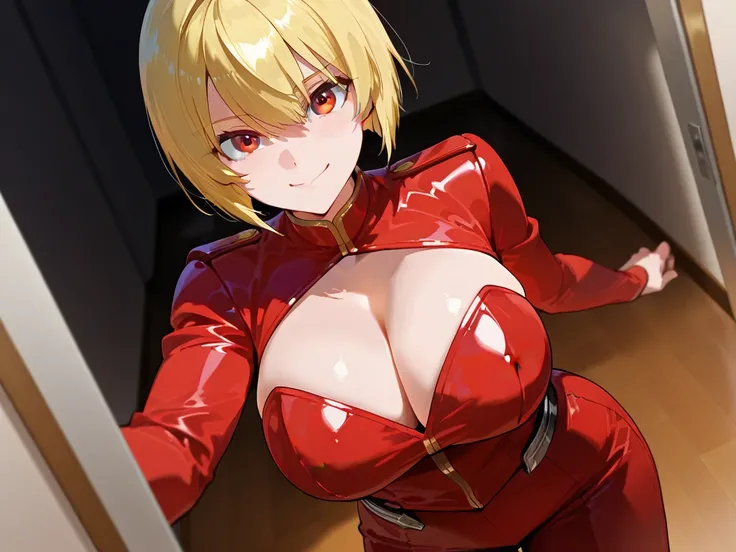 ( super detailed )"The Inspirational Challenger ": a woman "  the character has big boobs "  with a bold and confident face ,  yellow hair cut lightly  , wearing sexy clothes and a crimson and black cover with gold details.  She faces a maze of challenges ...