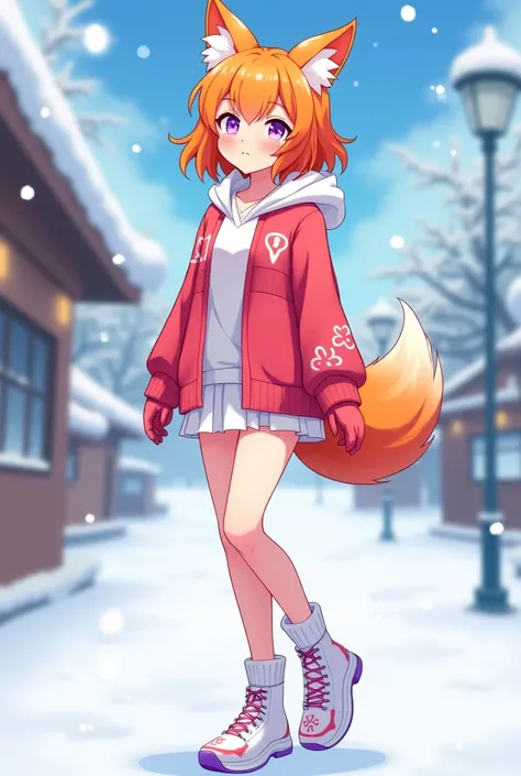 Model Vtuber anime girl bright orange speed with fox ears the same color as speed sparkling purple eyes wearing winter christmas hooded sweater hat and collar are white red shirt wearing short white skirt and white shoes on shoes with drawing of pink cherr...