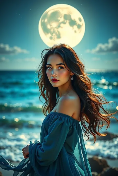 a woman with long natural wavy black hair wearing a blue dress near the cleat blue ocean that is illuminated by the moonlight