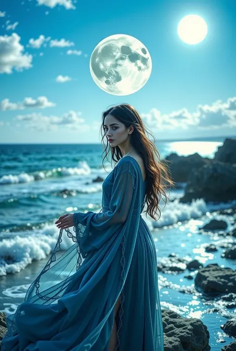 a woman with long natural wavy black hair wearing a blue dress near the cleat blue ocean that is illuminated by the moonlight