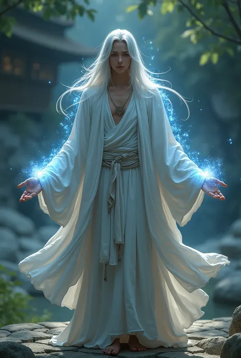  A male monk character from the path of the young astral self with long white hair, She wears a small necklace , It has four arms two normal and two behind it made of blue light 