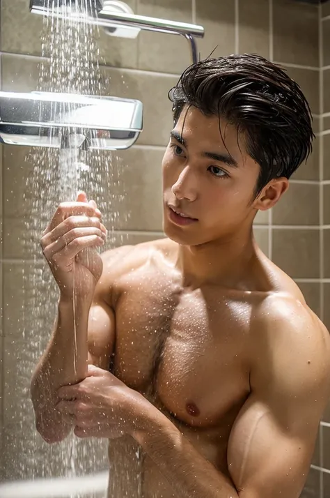 Several men are washing in a prominent shower..,  large shower room , 5 men, nudity,  hairy ,  Korean, High school student, Most handsome ,  slender muscles ,  big eyes that tear,  beardless face ,  good quality ,  smooth skin ,  all naked , 18 years old