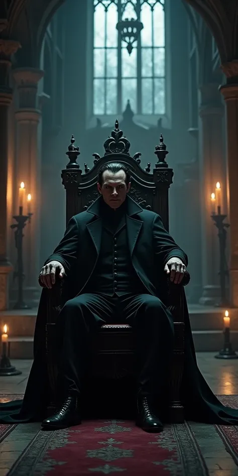  Dracula sitting on his throne inside a dark, gothic castle, surrounded by shadows and candles .

