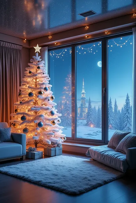 " Transform your cabin into a dazzling Christmas wonderland with a futuristic twist!  imagine a cozy cabin floating in space , with large,  panoramic windows that reflect the twinkling light of the future city below .  to give a cosmic atmosphere 、 Start w...