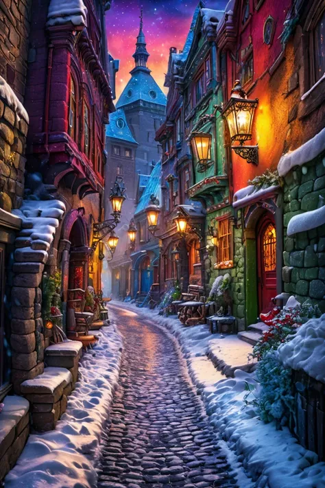 8K, UHD, HDR, cinematic, cinematic image, intricate details, realistic, photo, Fantasy art style, Ethereal, cobblestone path between buildings in winter , snow , vibrant colors, vibrant style, colors that flow and blend, by Julie Bell,
