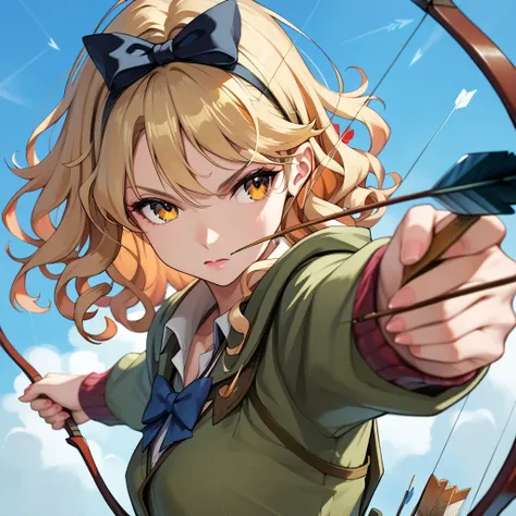 (A female archer at a shooting range aiming a bow and arrow at a target in the distance:1.7), 1girl, Alone, blonde hair, curly hair, long hair, amber eyes, bow, arrow, archer pose, perfect body, (anatomically correct:1.1), side view, (Masterpiece:1.3), (Th...