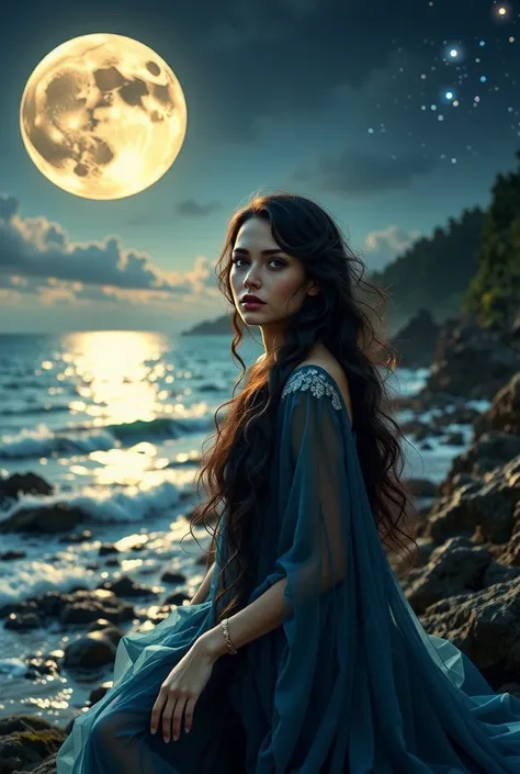 a woman with amber eyes and long natural wavy black hair wearing a blue dress near the cleat blue ocean at night that is illuminated by the moonlight