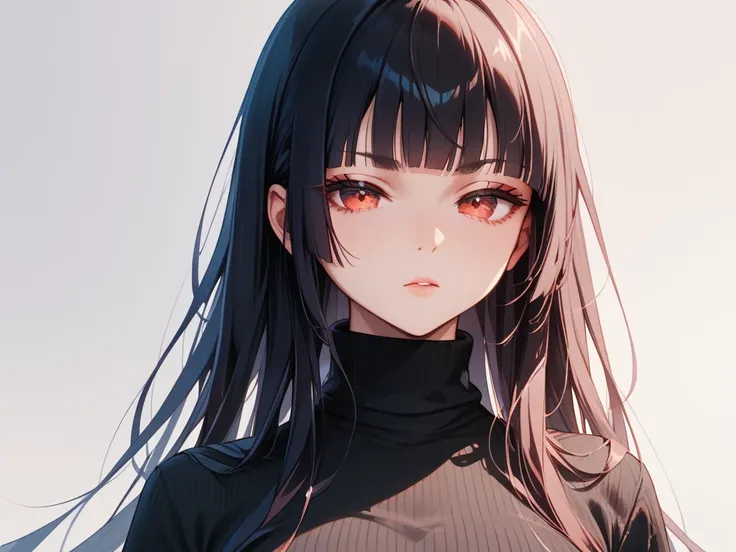 masterpiece,best quality,ultra detailed,simple,minimalism,hime cut,beautiful japanese girl with straight black long hair,troubled and groomed eyebrows,red eyes,slanted eyes,half opened eyes,over sized black turtleneck sweater,simple background