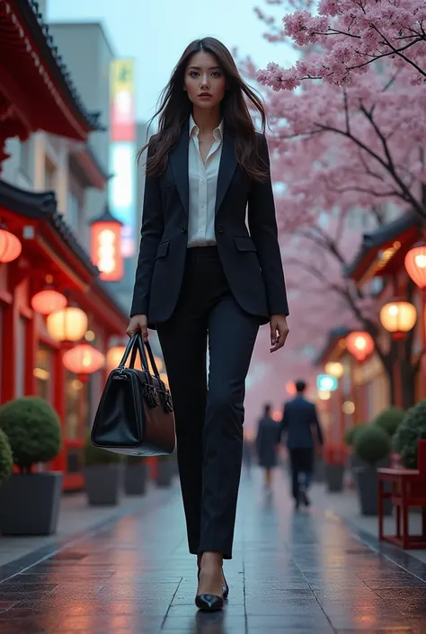 Career woman with long dark hair is in Japan on a work trip