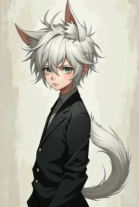 Make a pale skinny twink guy with puppy eara and a puppy tail wirh messy white hair in jjk art style