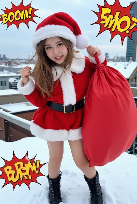 A mini girl in a Santa suit, with a mischievous grin and exaggerated features in a comic-book style. She’s standing on a snow-covered rooftop, holding a huge bag of presents thats almost as big as her. Her tiny body is portrayed with exaggerated, fun propo...