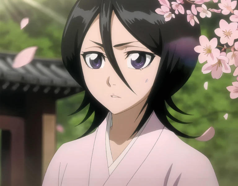 (( top quality )),(( very detailed)),masterpiece, absurd, detailed face , beautiful faces,( detail eyes, deep eyes), One girl ,(( dynamic pose)) ,   Rukia,  black hair, chest,  Shorthair, Eyebrow hair,  purple eyes, small chest, standing, Before the cherry...