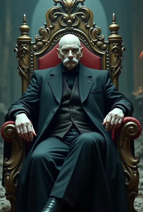 Draw Voldemort but with a mustache and mature features on a throne made of poop.  