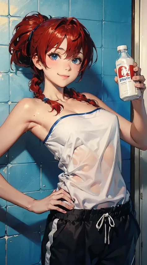 ranma-chan, braid, red hair, 1girl, blue eyes, single braid, braided ponytail, genderswap, genderswap (mtf), 1girl, smile, , towel tube top, gym pants, hand on hip, milk bottle, holding milk bottle, hot spring changing room,one-piece tan, tanline: 3.0,ranm...