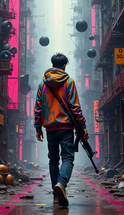  Abstract impasto painting surrial hyper-photografic. spinography. neon glitch FX, tilt shift full Body,A handsome Korean man  cyberpunk hunter with torn color full hoodie and cyberpun decorated by iridescent circuit patterns, open walking pose holding on ...