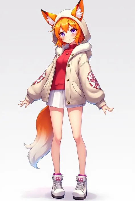 Bright orange speed female anime Vtuber model with fox ears the same color as speed sparkling purple eyes wearing a winter christmas hooded sweater hat and collar are white red shirt wearing a white short skirt and white shoes on the shoes have a drawing o...