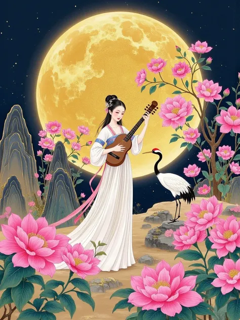 Romantic style illustration, Mid-Autumn full moon, 1girl, beautiful and elegant, standing in the center, playing a solo instrument, gold foil, Gucci color scheme, large areas of white space, pink flowers, exotic flowers and plants, rockery, Peter Gric, Wil...