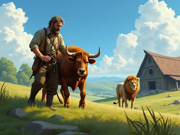 a man on the farm looking after the ox and a lion nearby