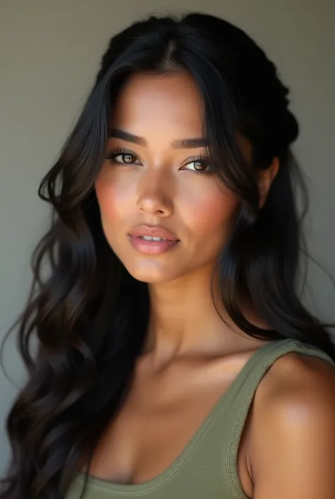 Woman with long, wavy black hair (detailed curls:1.2), styled in a low, half-updo, (hair tied back in middle:1.2), (ethnicity:1.2), (age:1.1), looking directly at viewer, (expression:1.2), (pose:1.2), (body type:1.1),  (detailed clothing:1.2), (light olive...